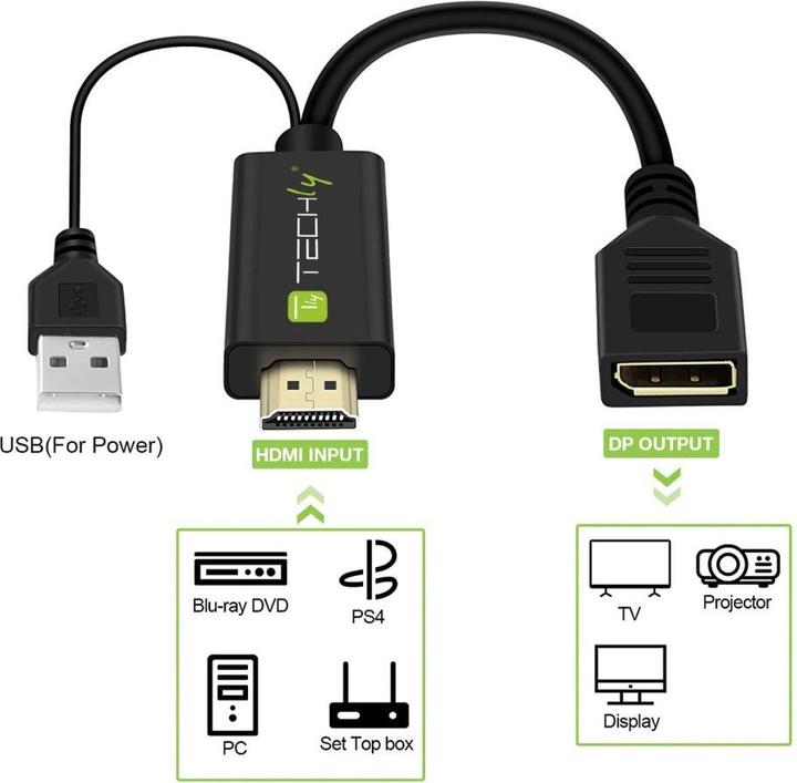 Actual product image Techly Adapter HDMI M to DisplayPort F + USB-A M 4Kx2K 30Hz (HDMI, 1.10 cm)