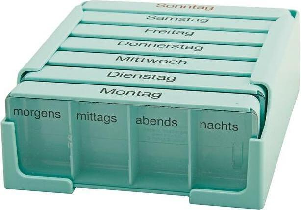 Produktbild Sahag Medi-7 Medikamentendosierer 7 Tage 4 Fächer Pro Tag türkis deutsch