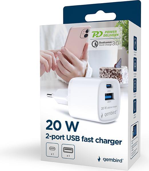 Actual product image Gembird TA-UC-PDQC20-W-01 2-port 20W USB Fast Charger (38 W)