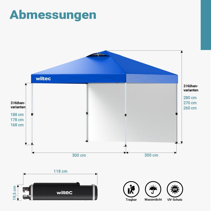 Actual product image Wiltec Pop up gazebo 3x3m blue side section wheels garden gazebo folding gazebo (300 cm, 300 cm)