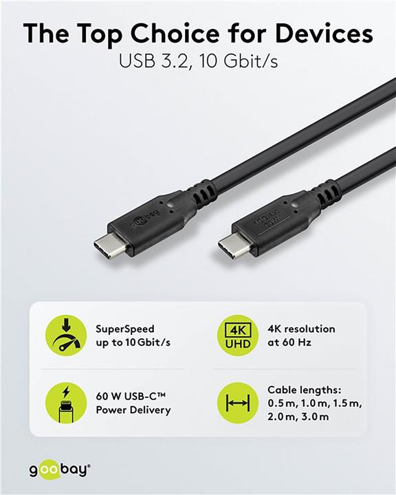 Image du produit Goobay Câble USB-C, USB 3.2, 60 W, 10 Gbit/s, Power Delivery, 2 m (2 m, USB 3.2, 60 W)