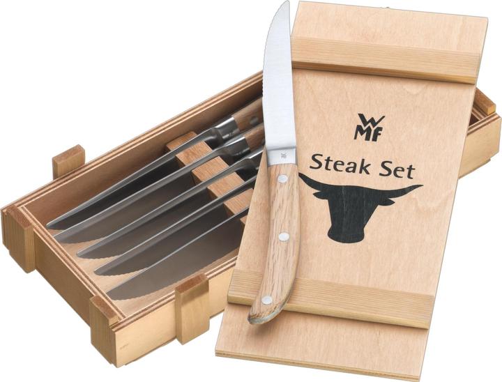 Productafbeelding WMF Steak Mes Set 6st Pizza Mes Ranch Speciaal Lemmet Staal Eikenhout Doosje (6 Stuk, Mes)