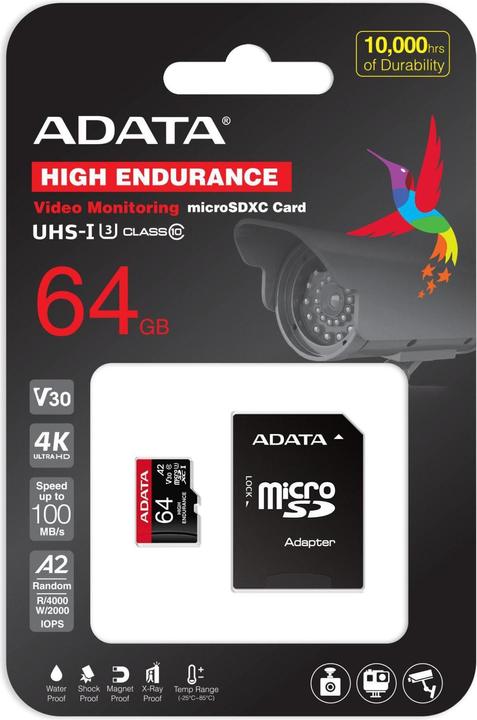 Actual product image Adata microSDXC card High Endurance 64 GB (64 GB, microSDXC, U3, UHS-I)