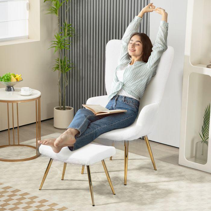 Produktbild Swisshandel24 Ohrensessel mit Hocker, Sessel mit Sherpa-Bezug, Hohe Rückenlehne, Weiss