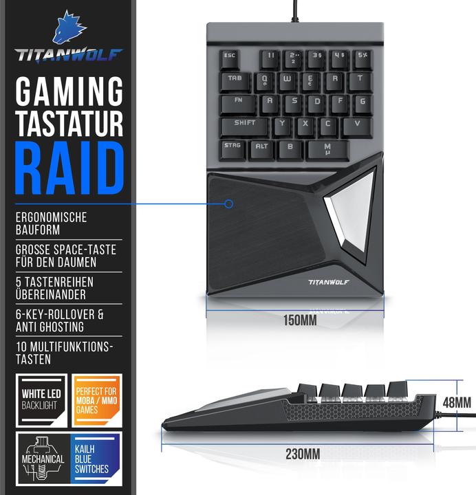 Produktbild Titanwolf Gaming Tastatur, mechanische Keypad Tastatur mit 28 Tasten, Gaming Einhandtastatur (DE, Kabelgebunden)