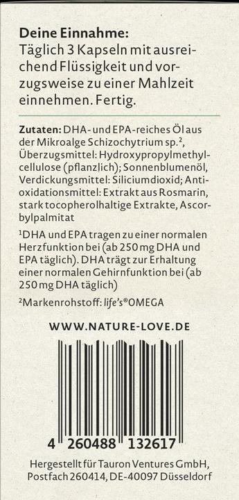 Nutritional values and ingredients Nature Love Vegan Omega 3 (27 g)