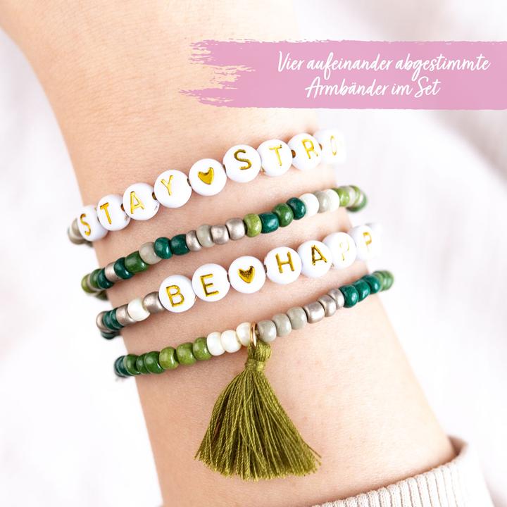Produktbild Papierdrachen 4 Perlenarmbänder – BE HAPPY und STAY STRONG (Kunststoff, Gummi, Stoff)
