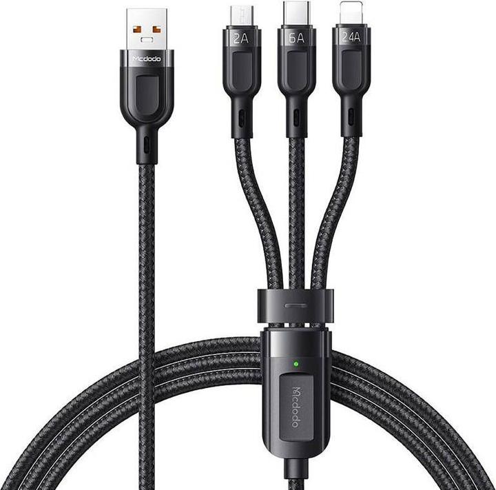 Actual product image Mcdodo 3in1 USB to USB-C / Lightning / Micro USB Cable, CA-0930, 6A, 1.2m (Black) (1.20 m, USB 3.0)
