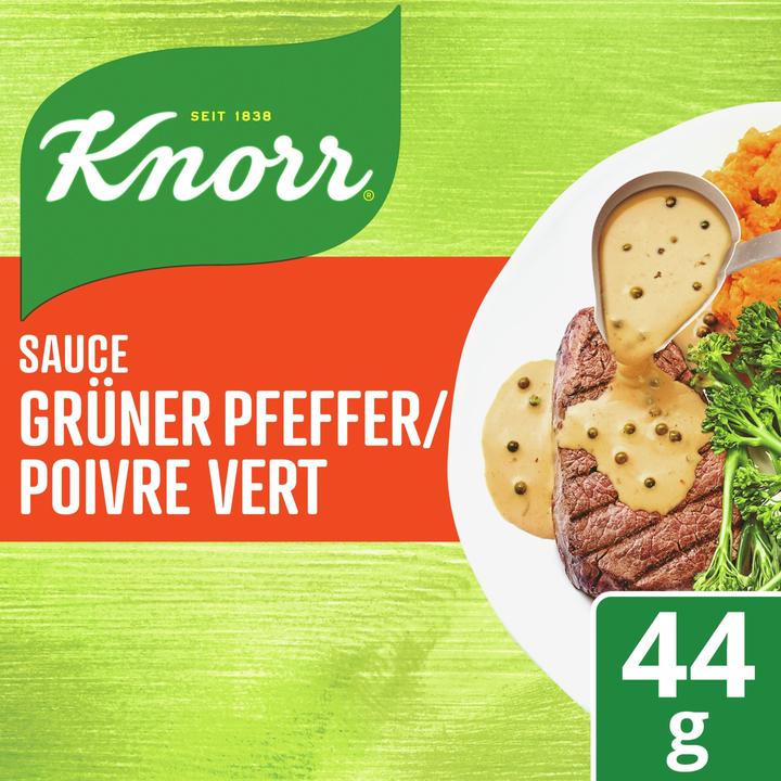 Produktbild Knorr Grüner Pfeffer Sauce Beutel, mit ganzen Pfefferkörnern, wunderbar crèmig, ideal für dunkles Fleisch (44 g)