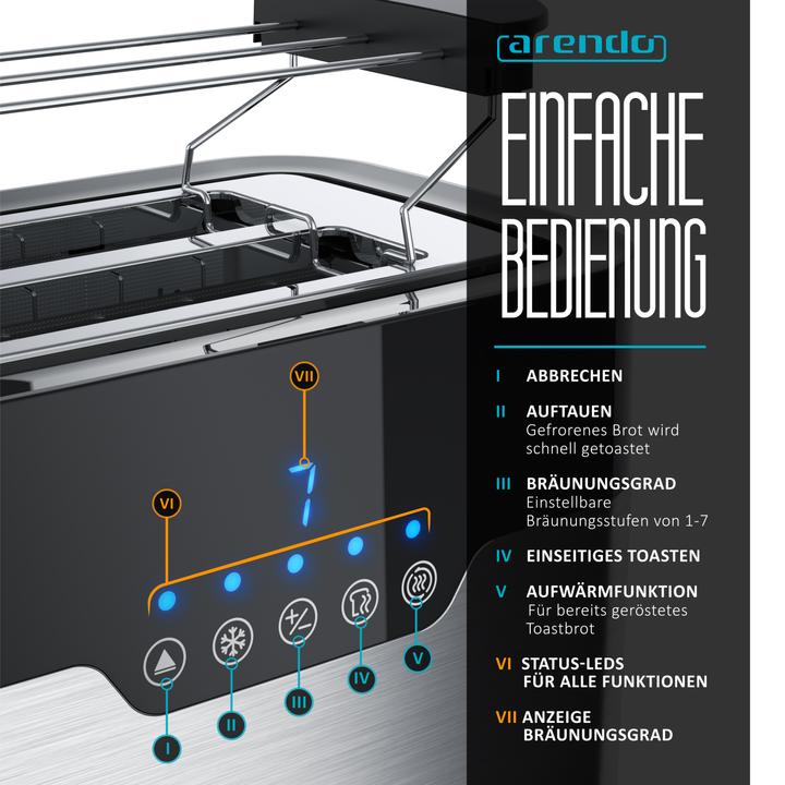 Produktbild Arendo Toaster für 2 Scheiben, breite Schlitze, 920 W, Doppelwand, Brötchenaufsatz, Krümelschublade