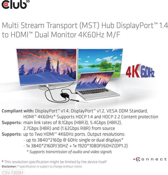 Actual product image Club 3D Club3D Multi Streaming Transport Hub 1xDP->2xHDMI (Micro USB, 20 cm)