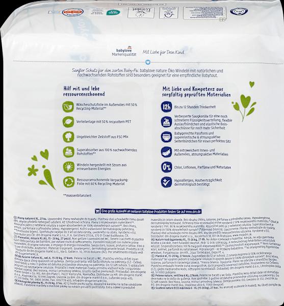 Valeurs nutritives et ingrédients dm babylove nature Windeln (Taille 6, Pack, 27 pièce(s))