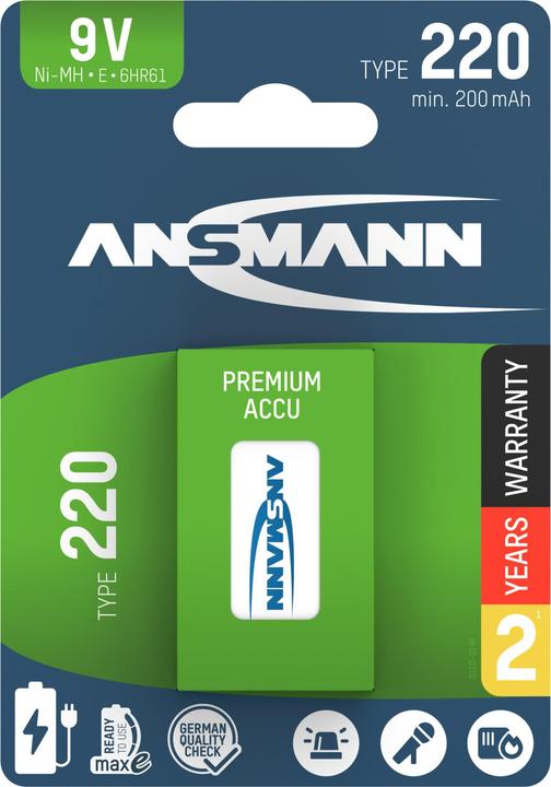 Produktbild Ansmann NiMH Akku 9V E-Block Typ 220 (min. 200 mAh) maxE 1er (9V Block, 200 mAh)