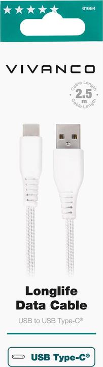 Immagine prodotto Vivanco Cavo USB-C Longlife, nylon, spina USB-A <> spina USB-C, max. 18W, bianco, 2,50m (2.50 m, USB 3.2 Gen 1)
