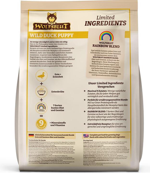 Nährwerte und Zutaten Wolfsblut Limited Ingredients Puppy Wild Duck für Hunde 1 kg (Welpe + Kitten, 1 Stk., 1000 g)
