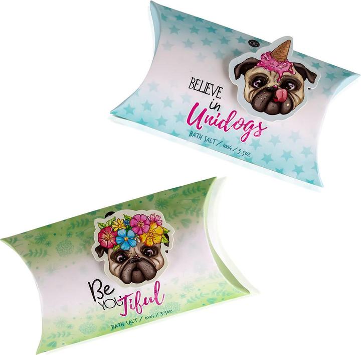 Image du produit Accentra Sel de bain PUG LIFE en boîte cadeau, 100ml, 2 motifs/parfums assortis : BeYOUtiful/Melon, Believe (100 ml, Sel de bain)