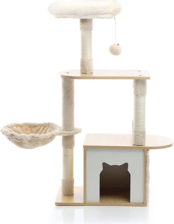 Actual product image Fudajo Cat Tree Wooden Beige 106cm Scratching Post with Cat House Sisal Scratching Trunks and Divans (106 cm, Wood, Beige)
