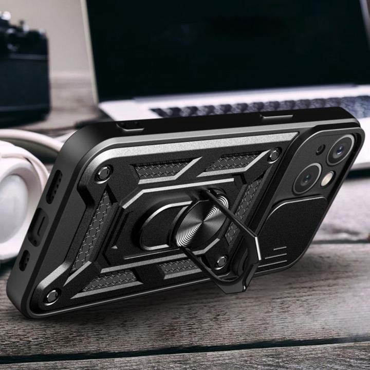Actual product image Hurtel Hybrid Armor Camshield case with stand and camera cover for iPhone 15 - pink (Apple iPhone 15)