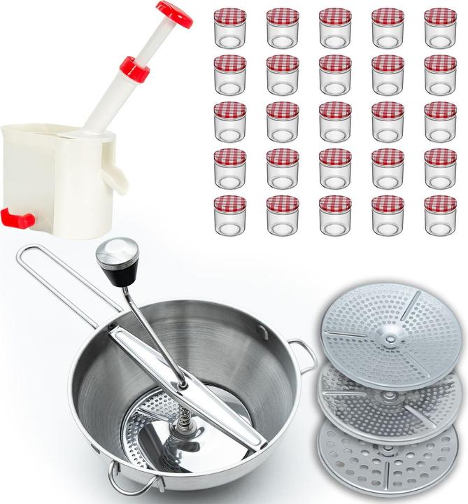 Actual product image Intirilife Preserving set: Stainless steel strainer with 3 sieve inserts & 25 preserving jars & cherry pitter