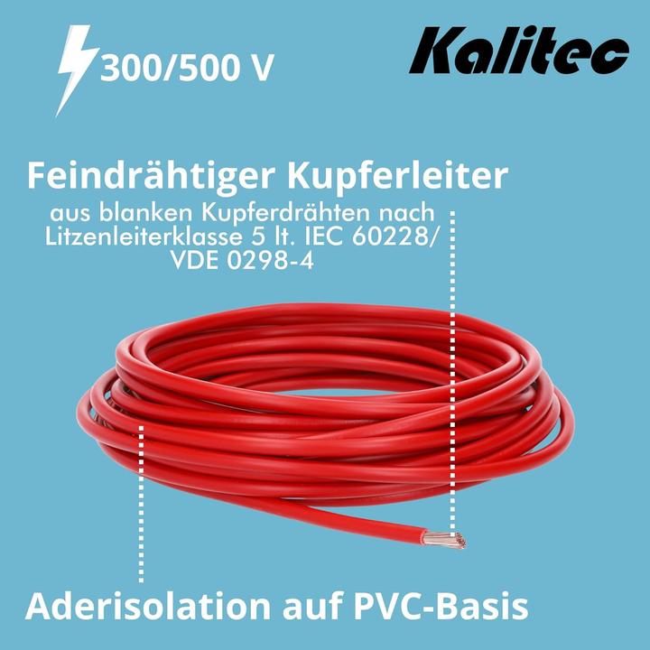 Immagine prodotto Kalitec 10 metri H05V-K 0,75 mm² rosso Cavo di cablaggio I Cavo conduttore I PVC unipolare I Cavo a trefoli (10 m)