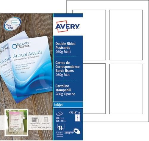 Image du produit Avery Dennison Quick&Clean C2318 - Blanc - 82,6 x 127 mm - 260 g/m² - 100 carte(s) (25 feuilles x 4) cartes de (260 g/m², 4 x, A4)