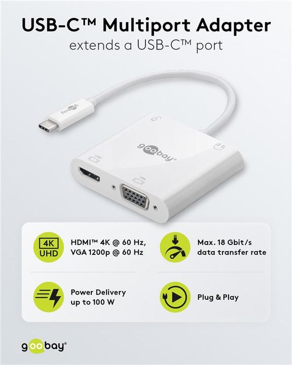 Actual product image Goobay USB-C™ Multiport Adapter HDMI™+VGA+PD 100 W, 1pcs. in polybag, White (HDMI, VGA)