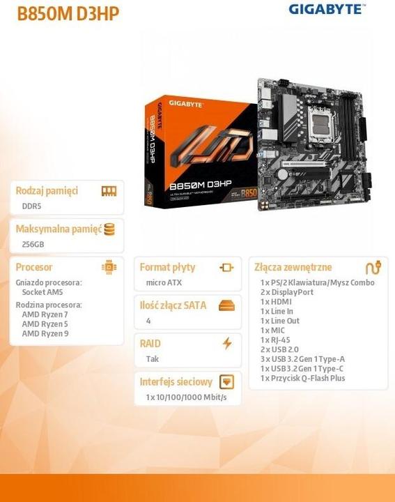 Produktbild Gigabyte B850M D3HP (AM5, AMD B850, mATX)