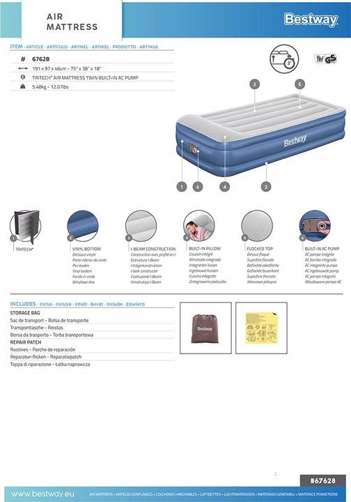 Immagine prodotto Bestway 67628 / 23 Materasso ad aria Singolo Blu (95 x 190 cm)