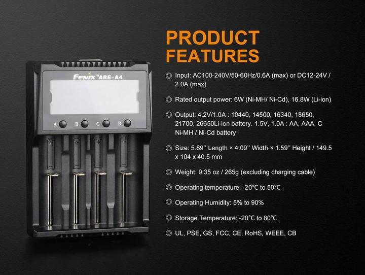 Produktbild Fenix Rundzellen Ladegerät ARE A4 (1 Stk., 10340, 10350, 10440, 10500, 12500, 12650, 13500, 13650, 14500, 14650, 16340, 16650, 17500, 17650, 17670, 18350, 18490, 18500, 18650, 18700, 21700, 22650, 25500, 26500, 26650, Akku)