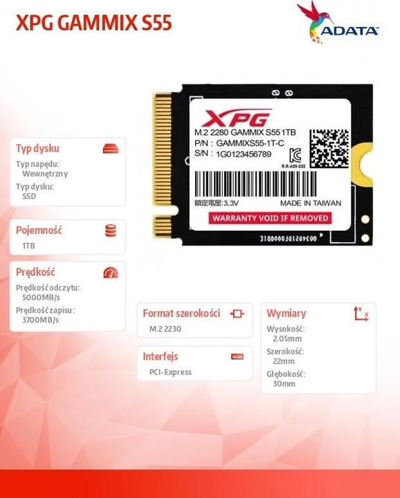 Actual product image Adata SSD GAMMIX S55 1TB Gen 4x4 2230 (1000 GB, M.2 2230)