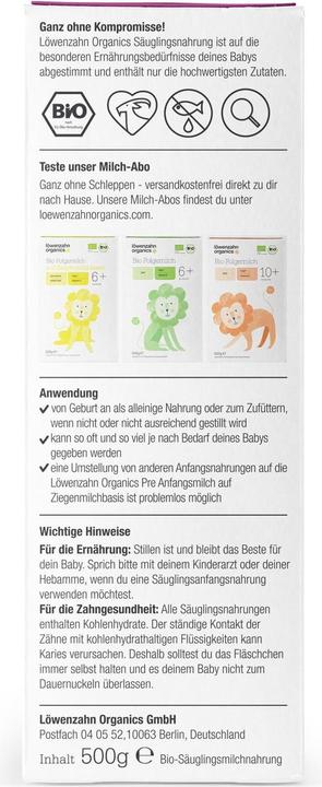 Valori nutrizionali e ingredienti Löwenzahn Organics Latte iniziale (500 g, dalla nascita)