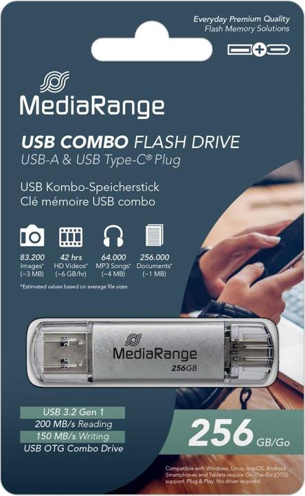 Image du produit MediaRange Lecteur flash combo USB 3.2 Gen 1 avec USB-A et USB-C®, avec capuchon de protection, argent, 256 Go (256 Go, USB-A)