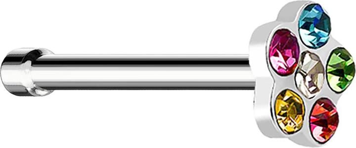 Produktbild Star Piercing Nasenstecker gerade silber mit Blume und 5 Kristalle farbig (ohne Messing, Chirurgenstahl 316L)