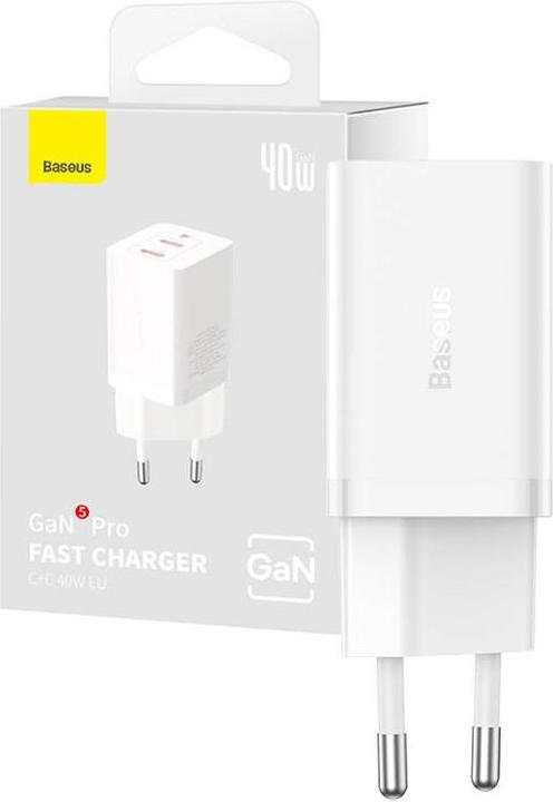 Baseus Wall charger GaN5 40W, 2x USB C (White) (40 W)