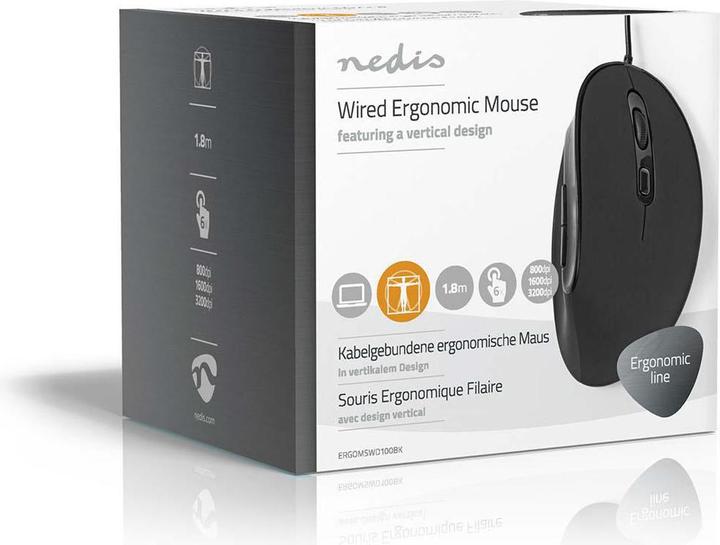 Image du produit Nedis Souris ergonomique filaire - droitier - 6 boutons - 3200 DPI - câble de 1,8 m - noir (Filaire)