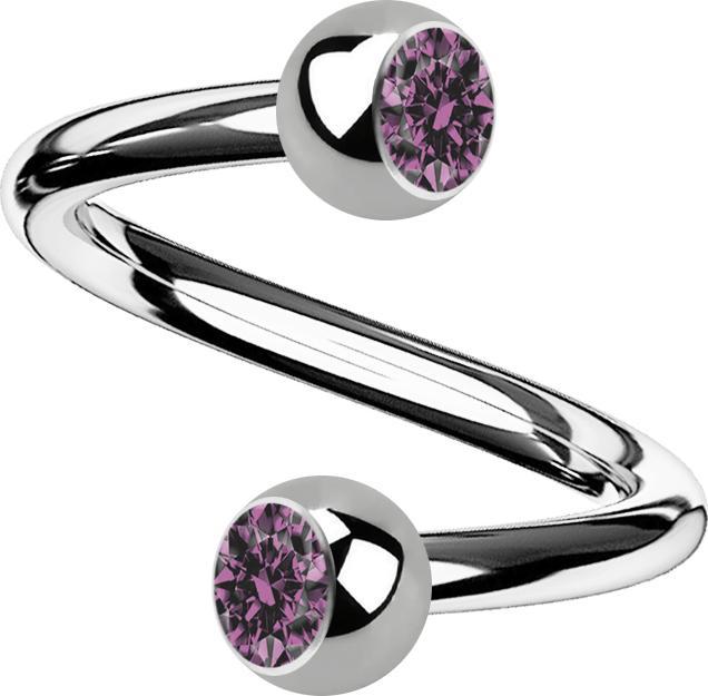 Star Piercing Micro Spirale silber mit zwei Kugeln Kristall hellviolett (Titan G23, ohne Messing)