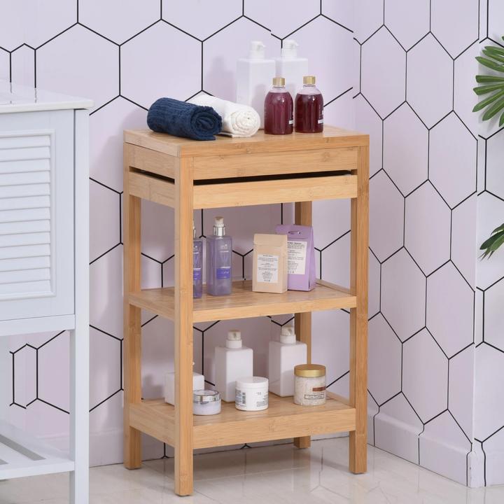 Actual product image Swisshandel24 Bathroom shelf, bathroom shelf with hinged lid, bathroom stand shelf with 2 shelves, bamboo