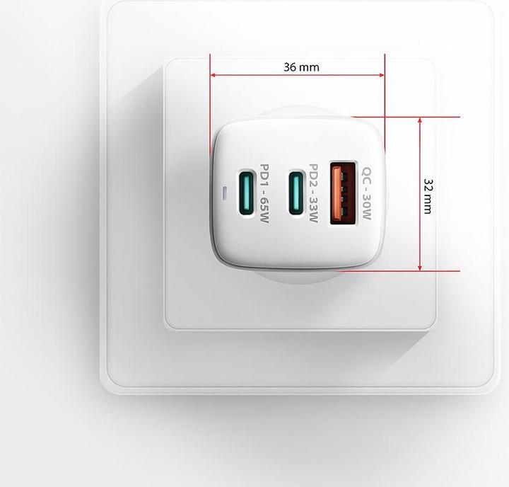 Produktbild Axagon ACU-DPQ65W, GaN nabíječka do sítě, 3x port (USB-A + dual USB-C), PD3.0/QC4+/PPS/Apple (65 W)