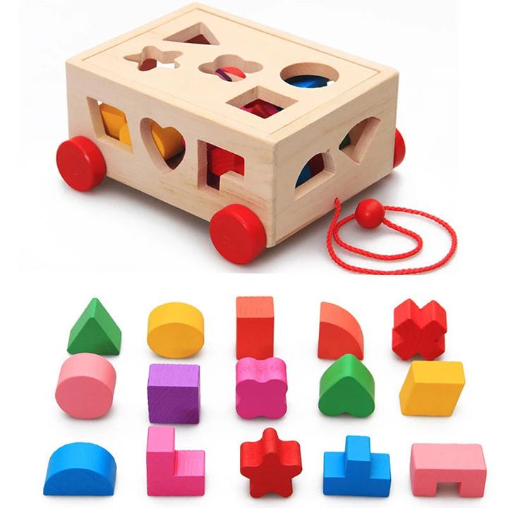 Immagine prodotto Activity Board Giocattolo a stampo in legno a forma di auto che si tira dietro, scatola di blocchi da abbinare per