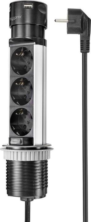 Productafbeelding Sygonix SY-4997104 Stekkerdoos zwart, roestvrijstalen aardingscontact 1 stuk. (3 x, CEE 7/3, 1.50 m)