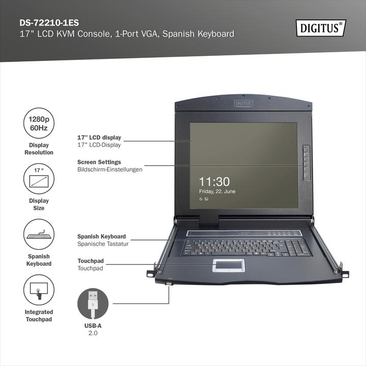 Digitus Modulare Konsole mit 17" TFT (43,2cm), 1-Port KVM & Touchpad, spanische Tastatur