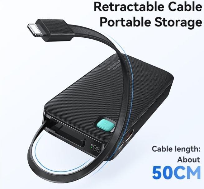 Produktbild Usams Powerbank ze zwijanym kablem USB-C Retractable 10000 mAh PD 20W Fast Charge XY Series czarny/b (10000 mAh, 50 W, 50 Wh)