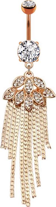 Star Piercing Banane rosegold mit zwei Kugeln Kristall silber Anhänger Blätter und glitzerfaden (Messing, Chirurgenstahl 316L)