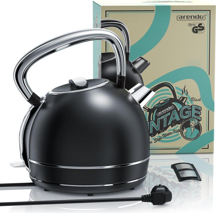 Produktbild Arendo Wasserkocher 1,7 l, 2200 W, Edelstahl Retro Style Vintage, Überhitzung & Trockenkochschutz, schwarz (1.70 l)