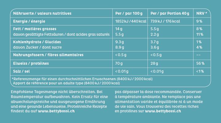 Valeurs nutritives et ingrédients Betty Bossi Aliments WheyProtein vanille, 600g, lot de 2 (2 pièce(s), 600 g)