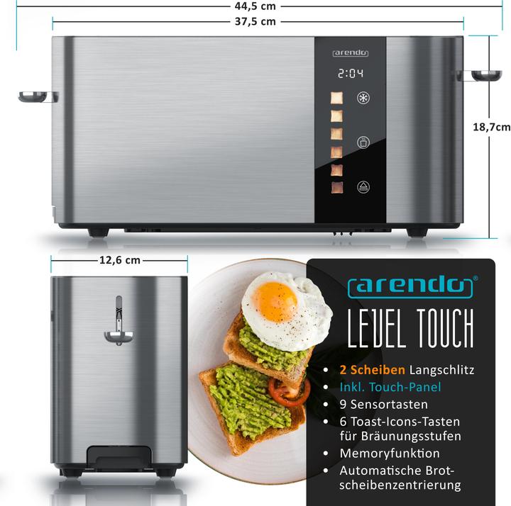 Produktbild Arendo Toaster Edelstahl 2 Scheiben Langschlitz, Touch Display, Restzeit & Bräunungsgradanzeige, 1000 W