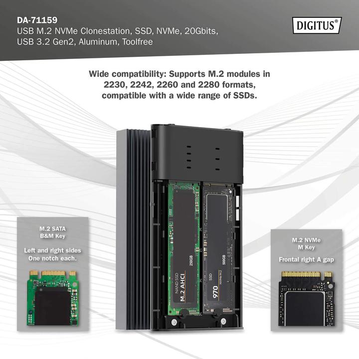 Produktbild Digitus USB M.2 NVMe Clonestation, SSD, NVMe, 20Gbits, USB 3.2 Gen2, Aluminium, toolfree (M.2 2280, M.2 2260, M.2 2242, M.2 2230)