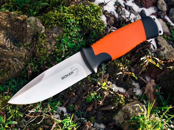Actual product image Böker Plus 02BO014 Outdoorsman XL Fixed blade knife made of 12C27 steel and rubber in the colour orange. (11.30 cm)