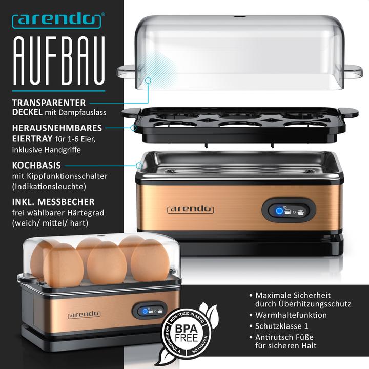 Actual product image Arendo Breakfast set, glass kettle 1.7l 2200W, 2-slice toaster & egg cooker for 6 eggs, copper (1.70 l)