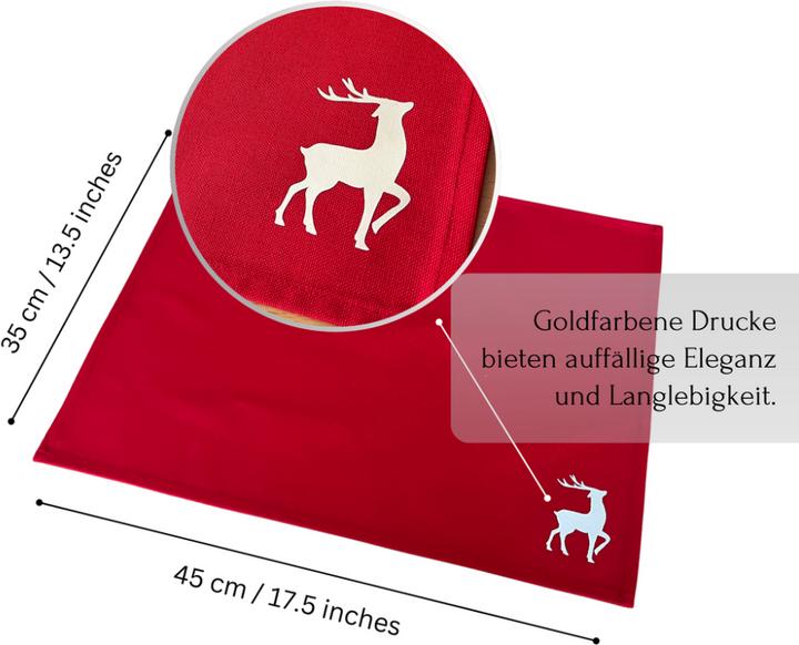 Image du produit Atölye No:35 Tischsets Weihnachten, 4er Set Rot Gold Rentier-Stickerei, Abwaschbar 45x35 cm (4 x, 45 x 35 cm)